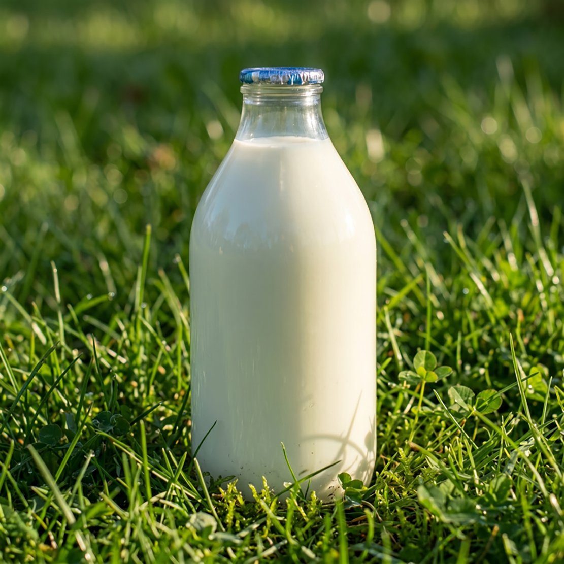 A glass bottle of organic skimmed milk